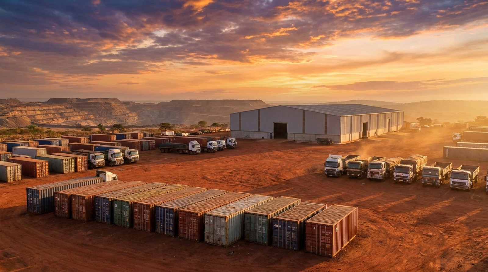 Dépôt logistique AuriValt : conteneurs et flotte de camions