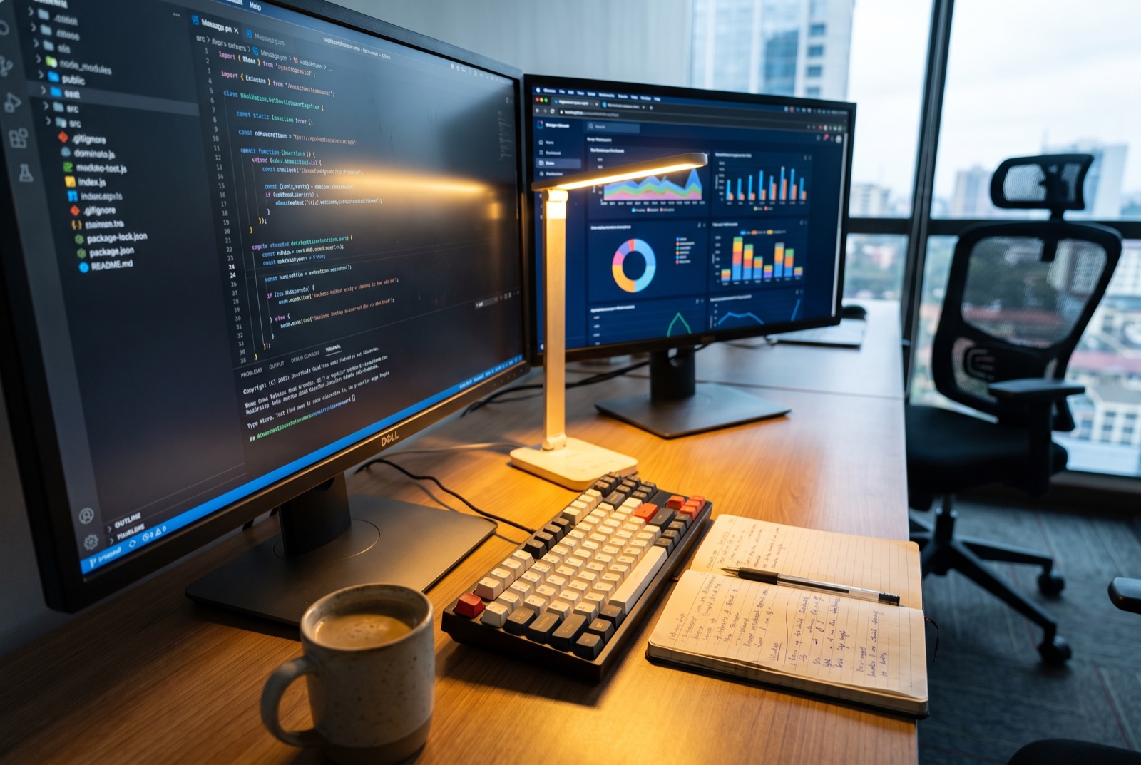 Poste de développement AuriValt : écrans de code et tableaux de bord